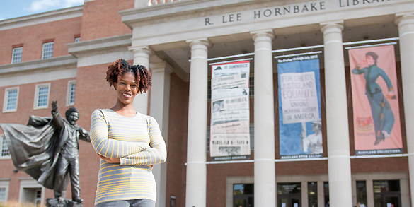 Dr. Renee Hill standing in front of Hornbake Library at the University of Maryland