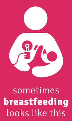 pink poster with the words "sometimes breastfeeding looks like this" with a graphic of a baby drinking mil from a bottle while the mother pumps