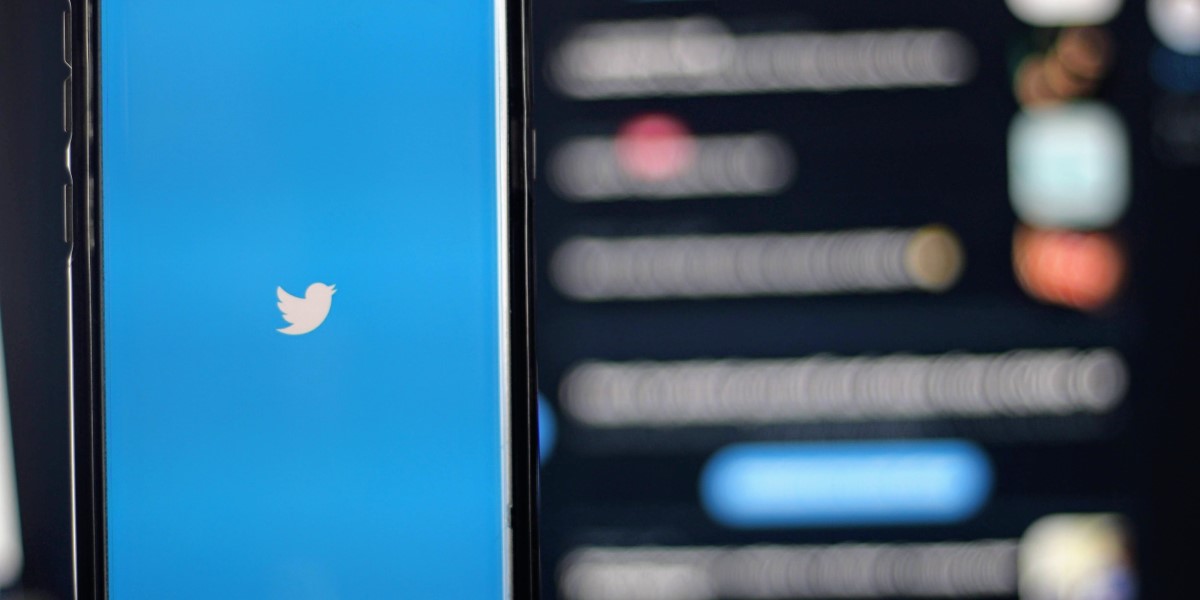 white twitter logo against blue background on phone screen