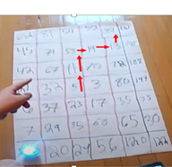 Student points to a white paper with a numbered grid and graphical red arrows on top