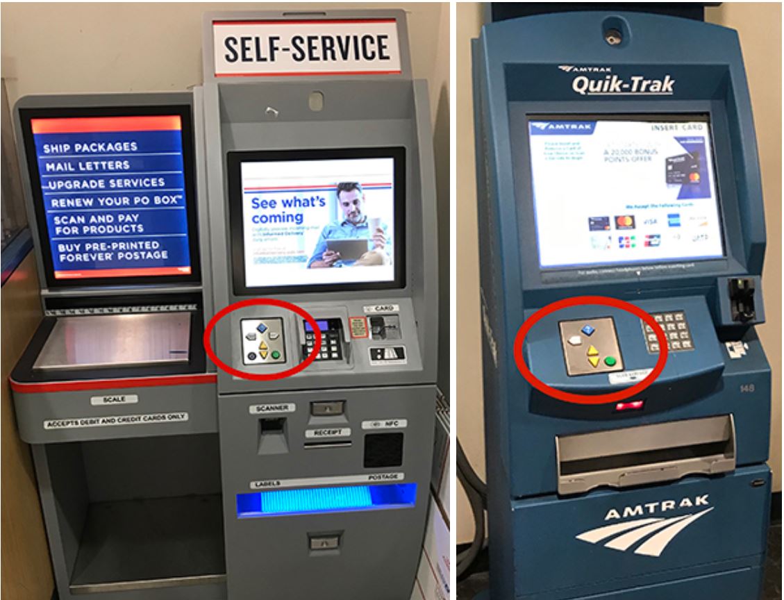 The left photo shows one of the kiosks at Union Station in Washington, D.C.  The right photo shows the five-key version of the keypad on Amtrak ticket machines.